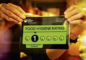 A sign is stuck on a shop window with a '1' score, signifying bad food hygiene.