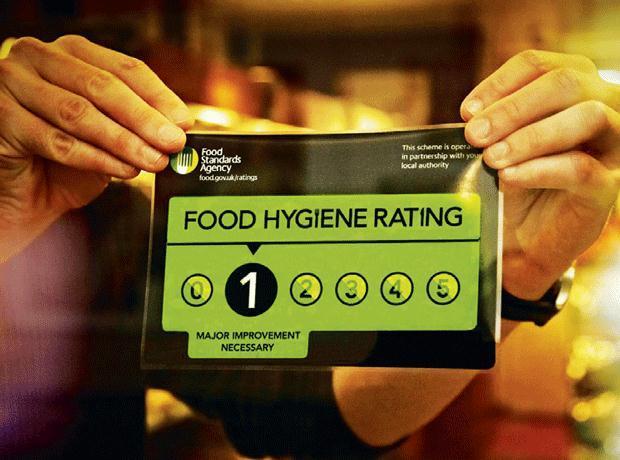 A sign is stuck on a shop window with a '1' score, signifying bad food hygiene.